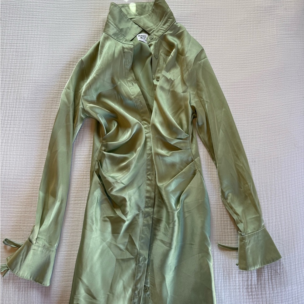 Princess Polly Sage Green Satin Button-Up Dress